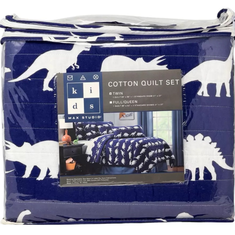 MAX STUDIO TWIN Navy Blue & White Cotton Quilt Different Types of Dinosaurs NEW